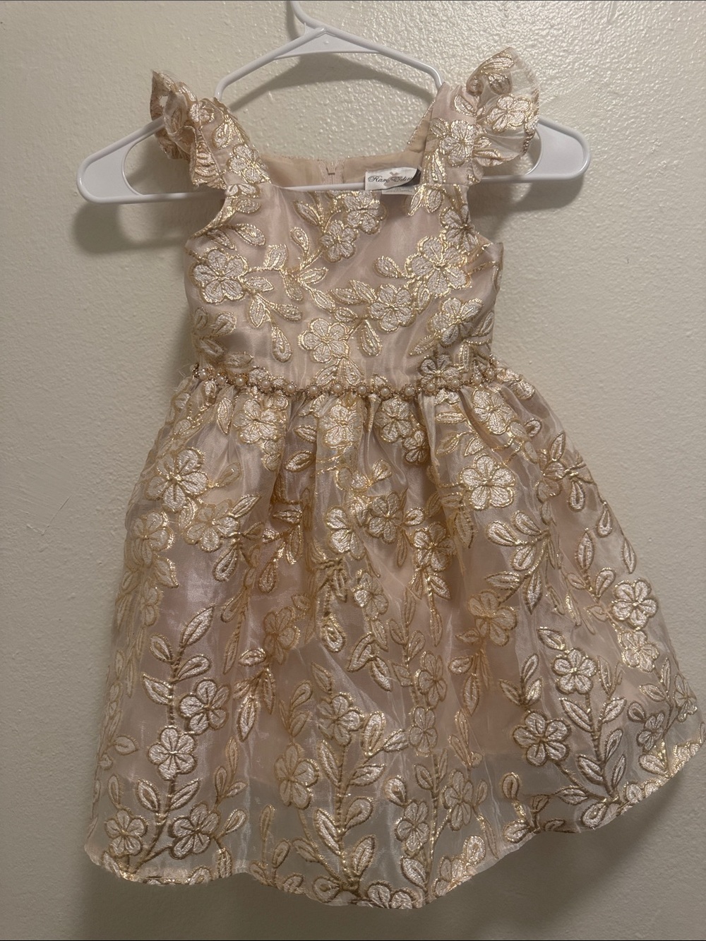 Rare Editions Gold and Cream Floral Embroidered Party Dress